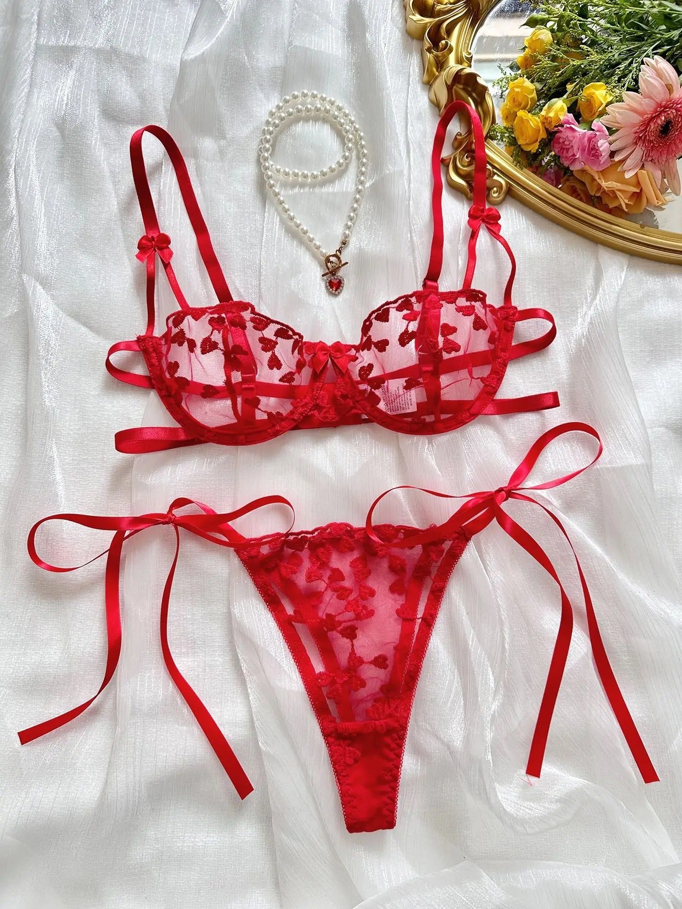French Lace Heart Bra Set Girls Sexy Women Bralette Adjustable Transparent Embroidery