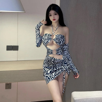 V Neck Hollow Sexy Tight Wrap Hip Rockabilly Animal Print Dress