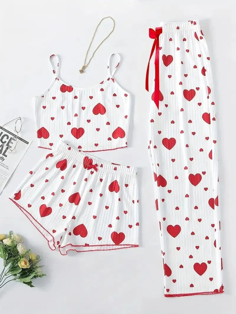 Women Sleepwear Autumn Winter Pajamas Sets Heart Print Sleeveless Cami Vest with Long Pants Trouser